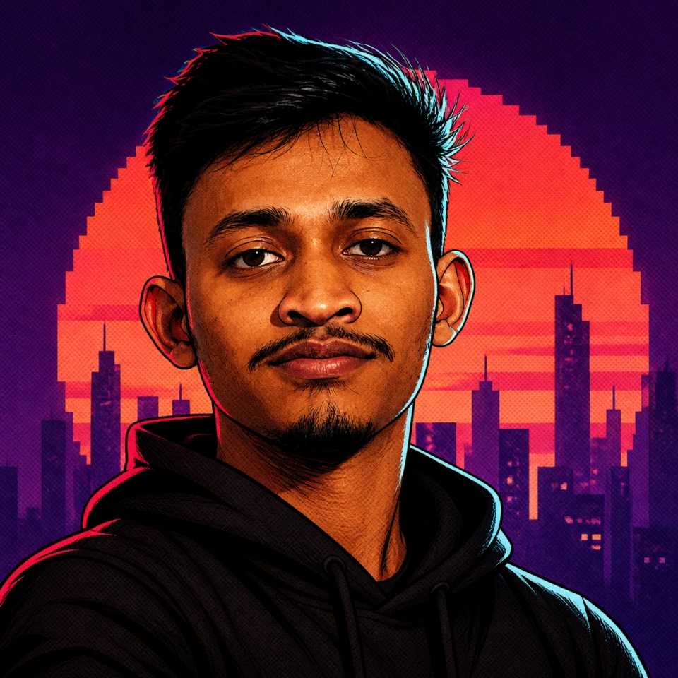 Illustrated portrait of Ash against a neon city skyline